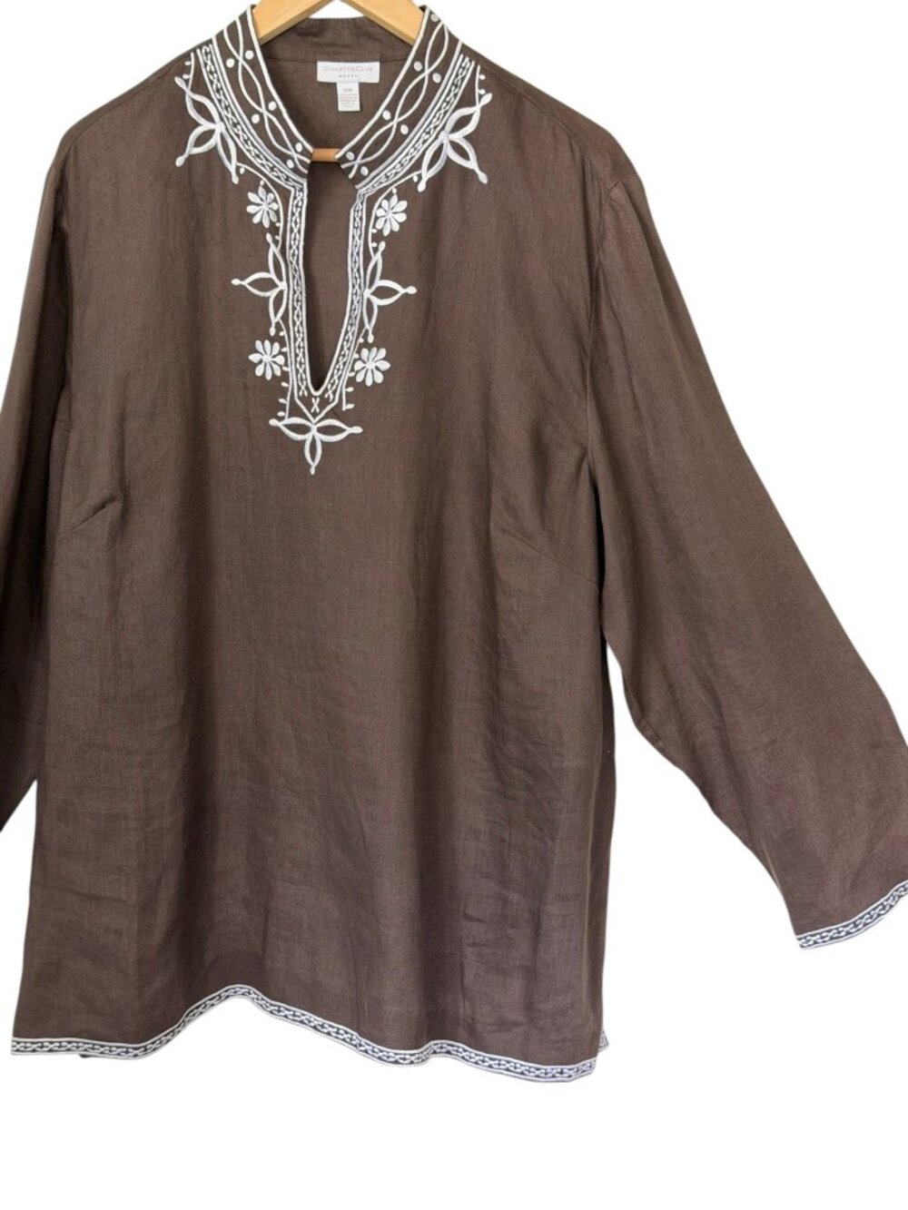 Charter Club Woman 100% Linen Split Neck Embroidered Floral Tunic Brown Boho 20W